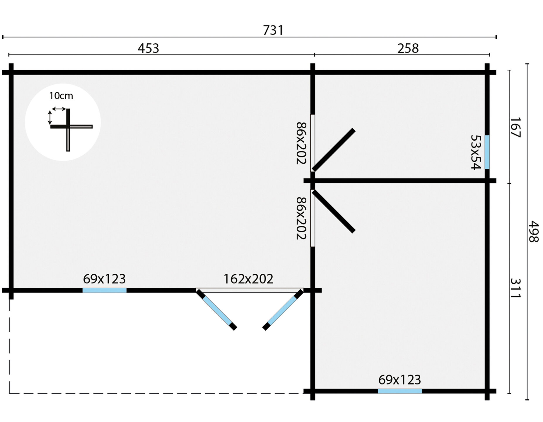Blockhaus Ollie 731 x 498 x 283 cm &ndash; Fertighaus Wandst&auml;rke 70 mm