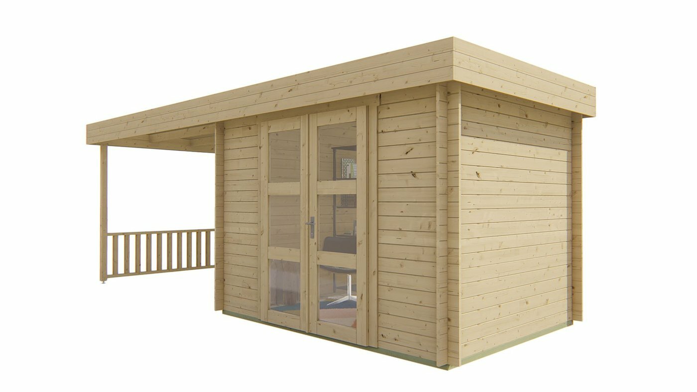 Blockhaus Maja mit Uberdachung 320 + 320 x 240 x 228 cm Wandstarke 28 mm