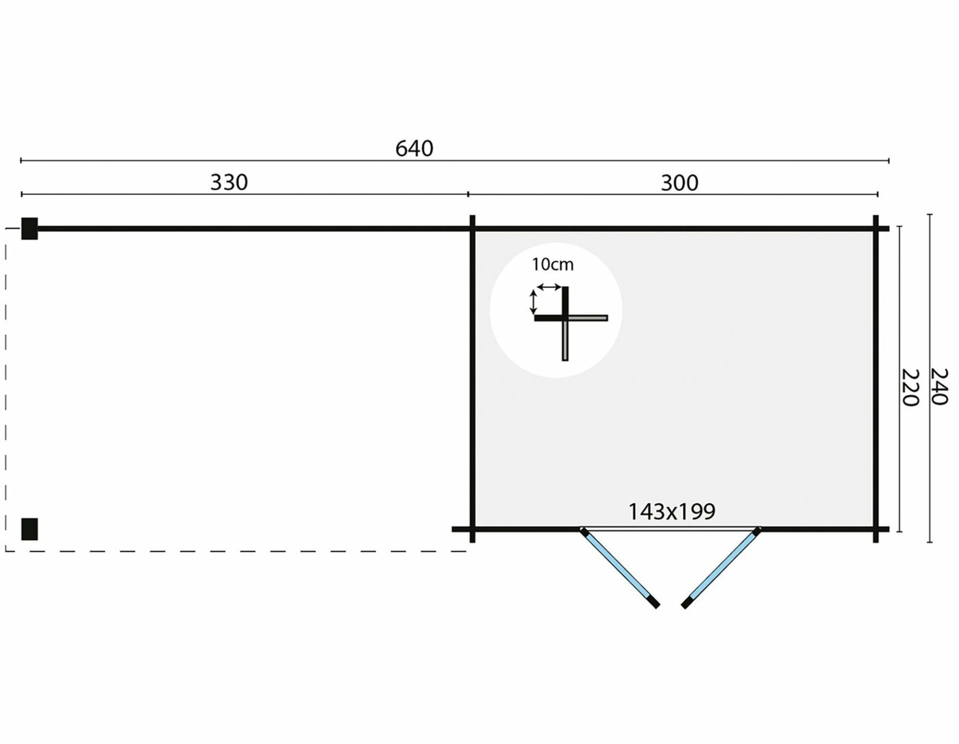 Blockhaus Maja mit Uberdachung 320 + 320 x 240 x 228 cm Wandstarke 28 mm
