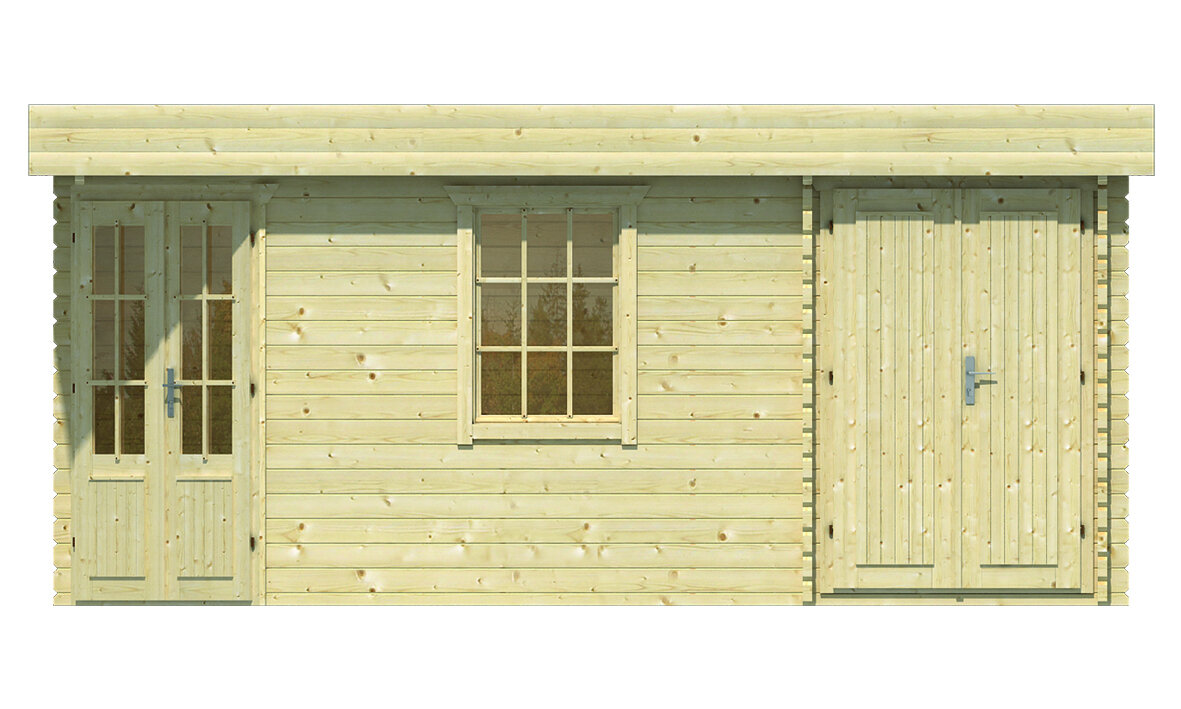 Blockhaus Helge 350 + 150 x 350 cm - Funfeckiges Blockhaus mit Flachdach - Wandstarke 44 mm