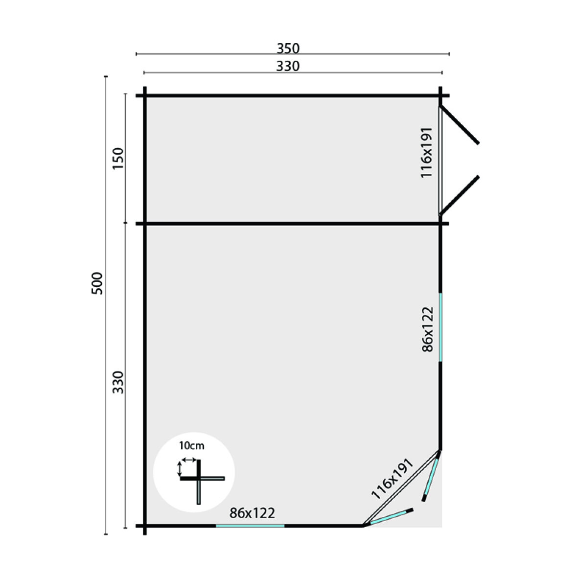 Blockhaus Helge 350 + 150 x 350 cm - Funfeckiges Blockhaus mit Flachdach - Wandstarke 44 mm