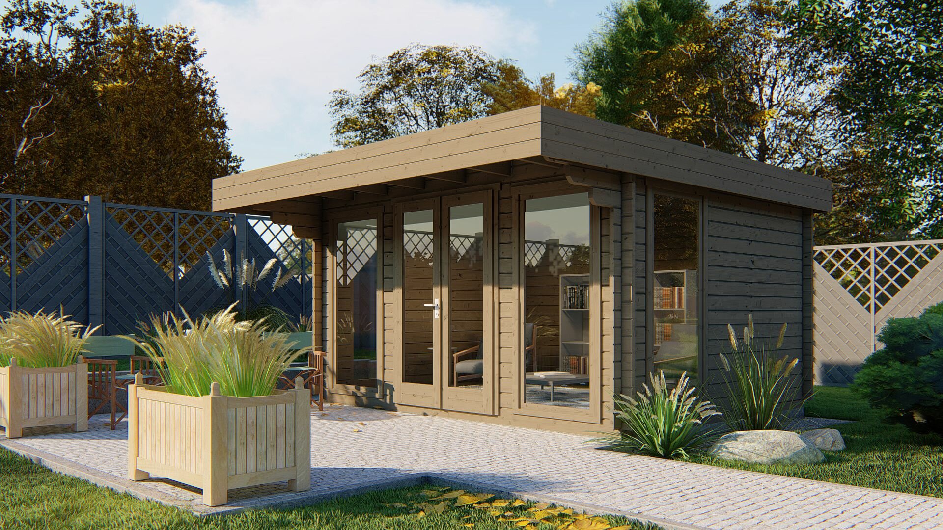 Blockhaus Lory - Gartenzimmer 435 x 350 + 120 x 230 cm - Wandstarke 44 mm 