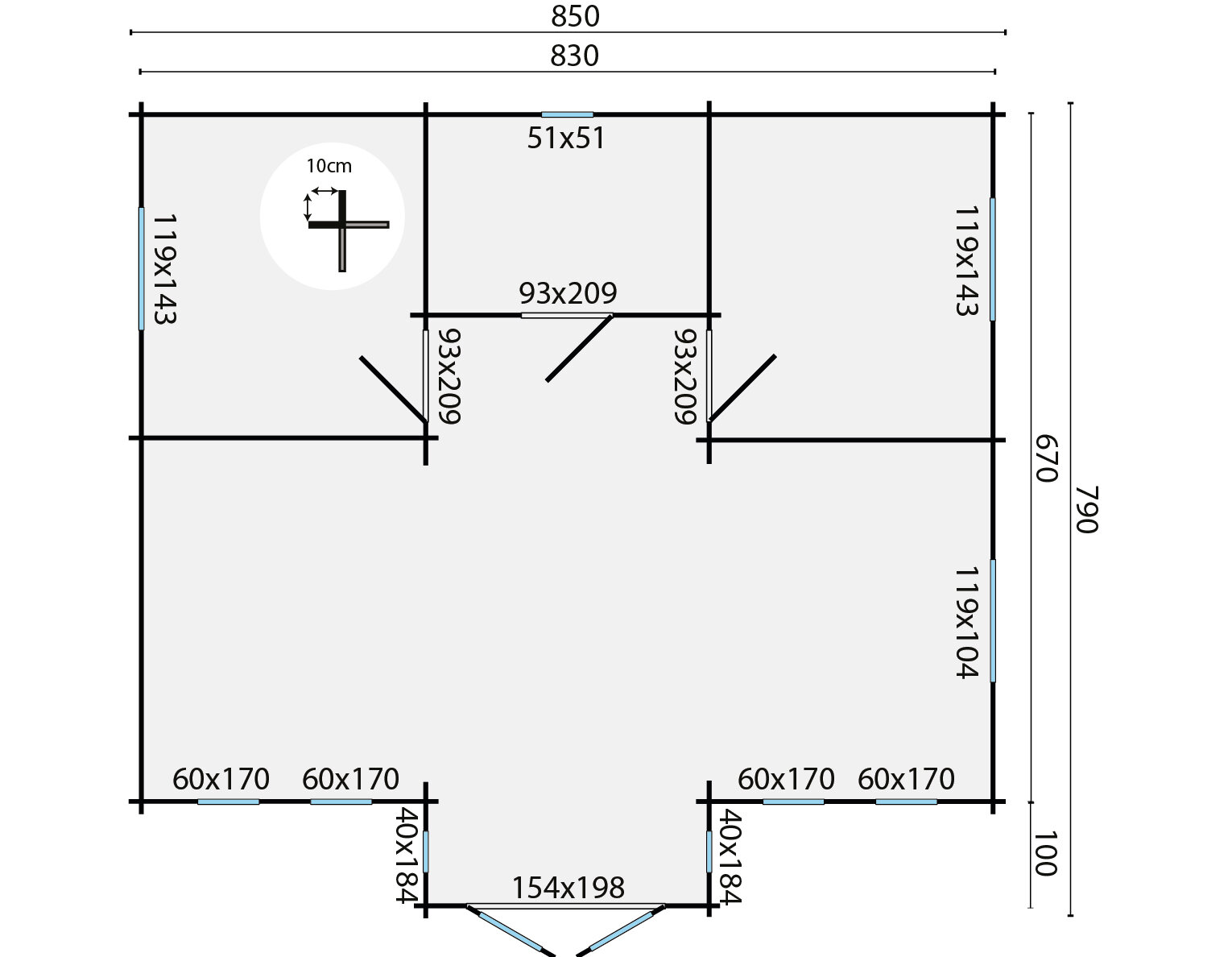 Blockhaus Mullingar 850 x 790 x 317 cm Wandst&auml;rke 70 mm