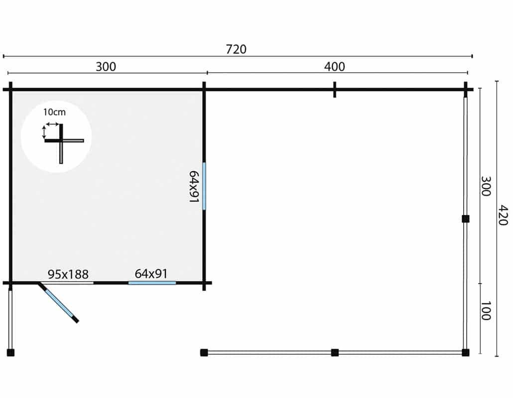 Blockhaus Ragna mit Vordach und &Uuml;berdachung 720x420 cm - Unbehandelt - Wandst&auml;rke 40 mm
