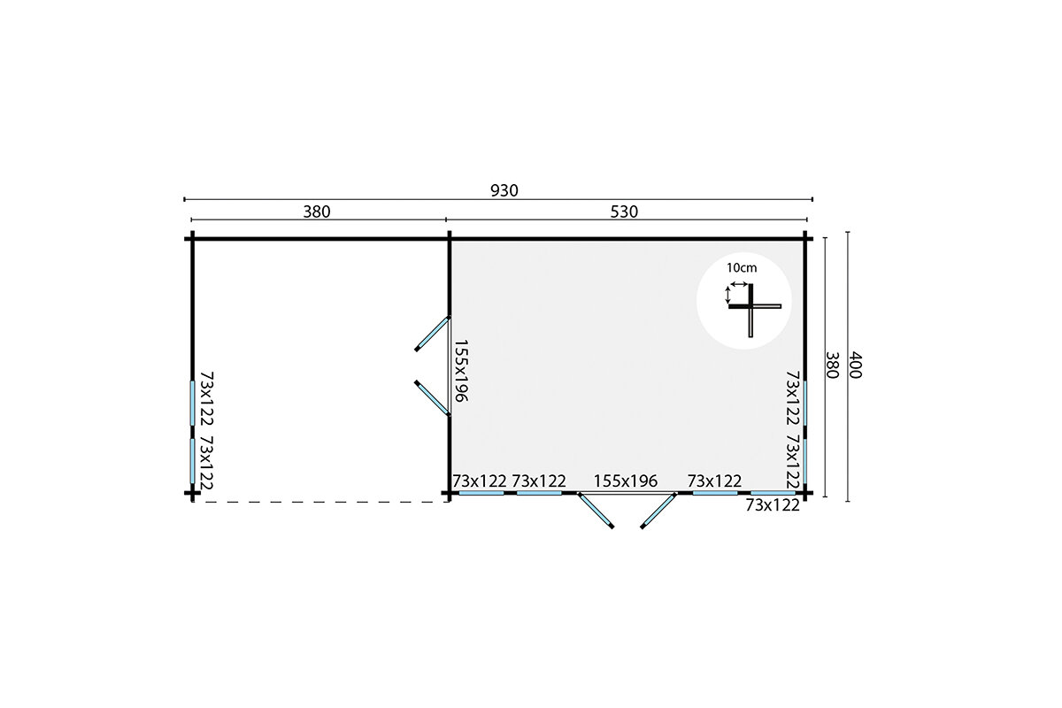 Blokhut Big Ben 930 x 400 x 351 cm Wanddikte 70 mm - met Overkapping 