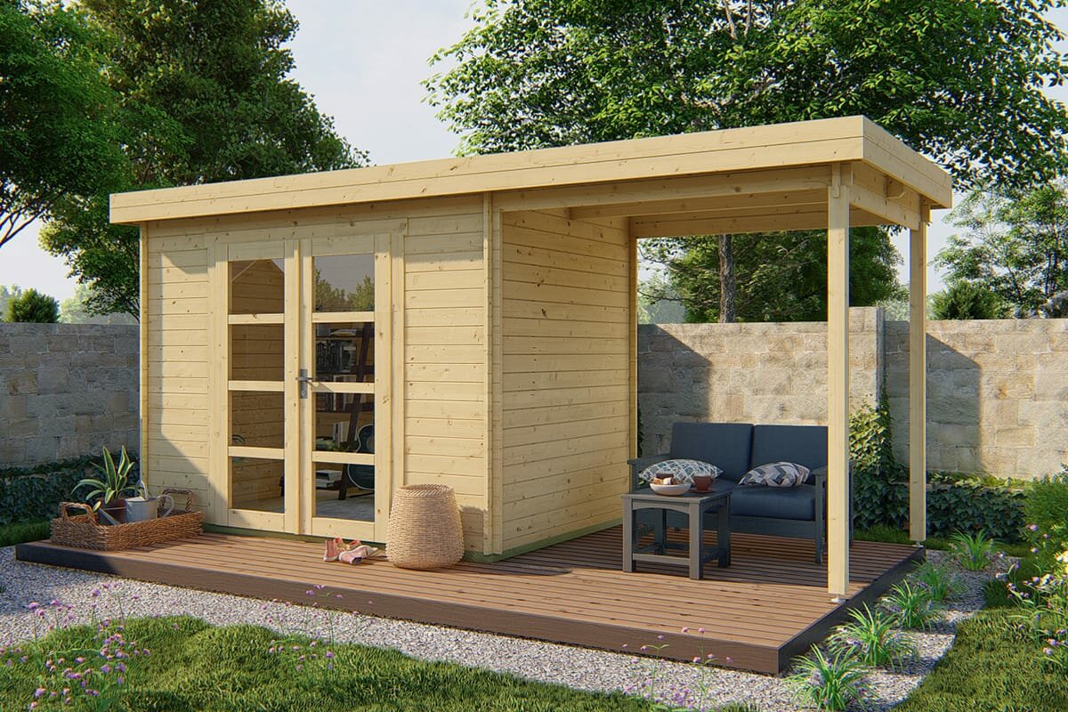 Gartenhaus Mittelmodern mit Uberdachung 300 x 200 x 230 cm | Wandstarke 28 mm