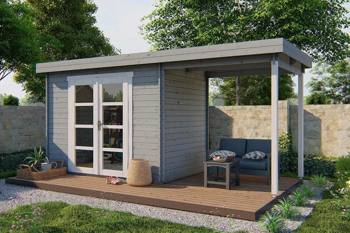 Gartenhaus Mittelmodern mit Uberdachung 300 x 200 x 230 cm | Wandstarke 28 mm