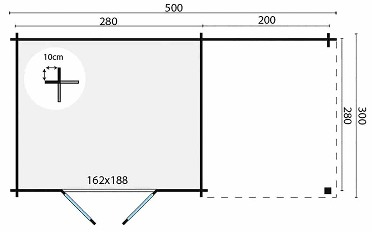 Gartenhaus Dora mit Vordach 500 x 300 x 217 cm - Impragniert (28 mm) - Tuindeco