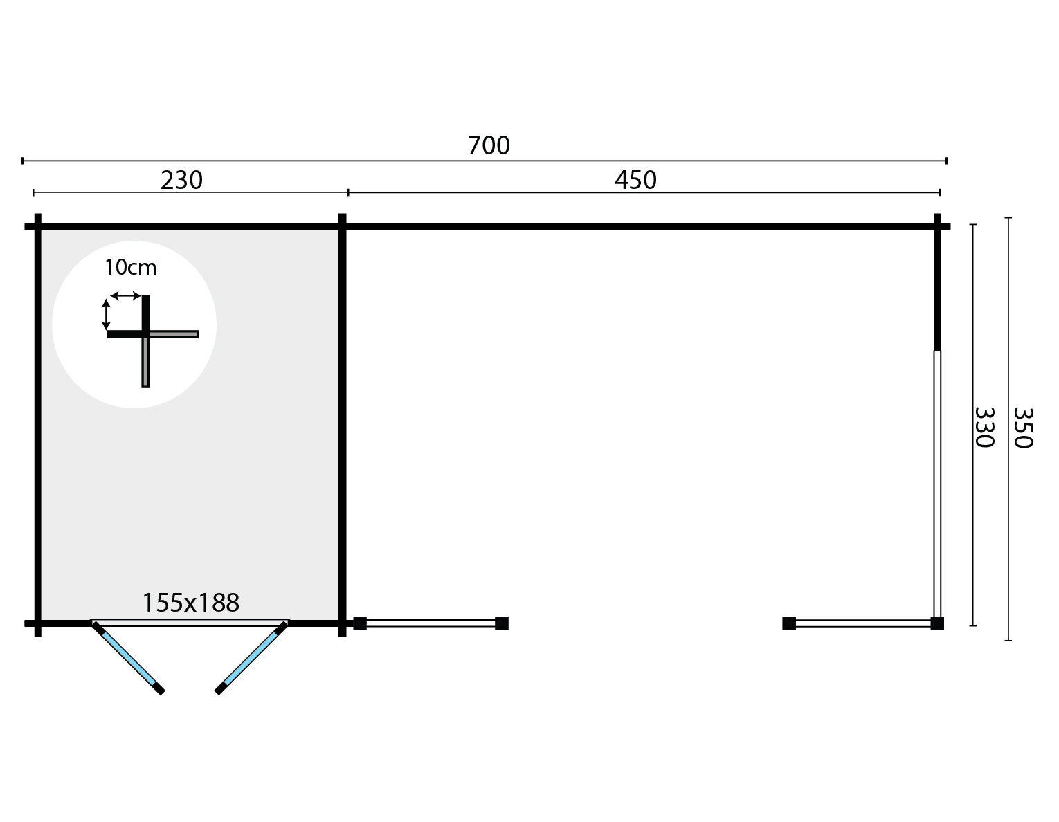 Blockhaus Kukka 700 x 350 x 279 cm - Mit seitlicher Veranda - Wandstarke 40 mm