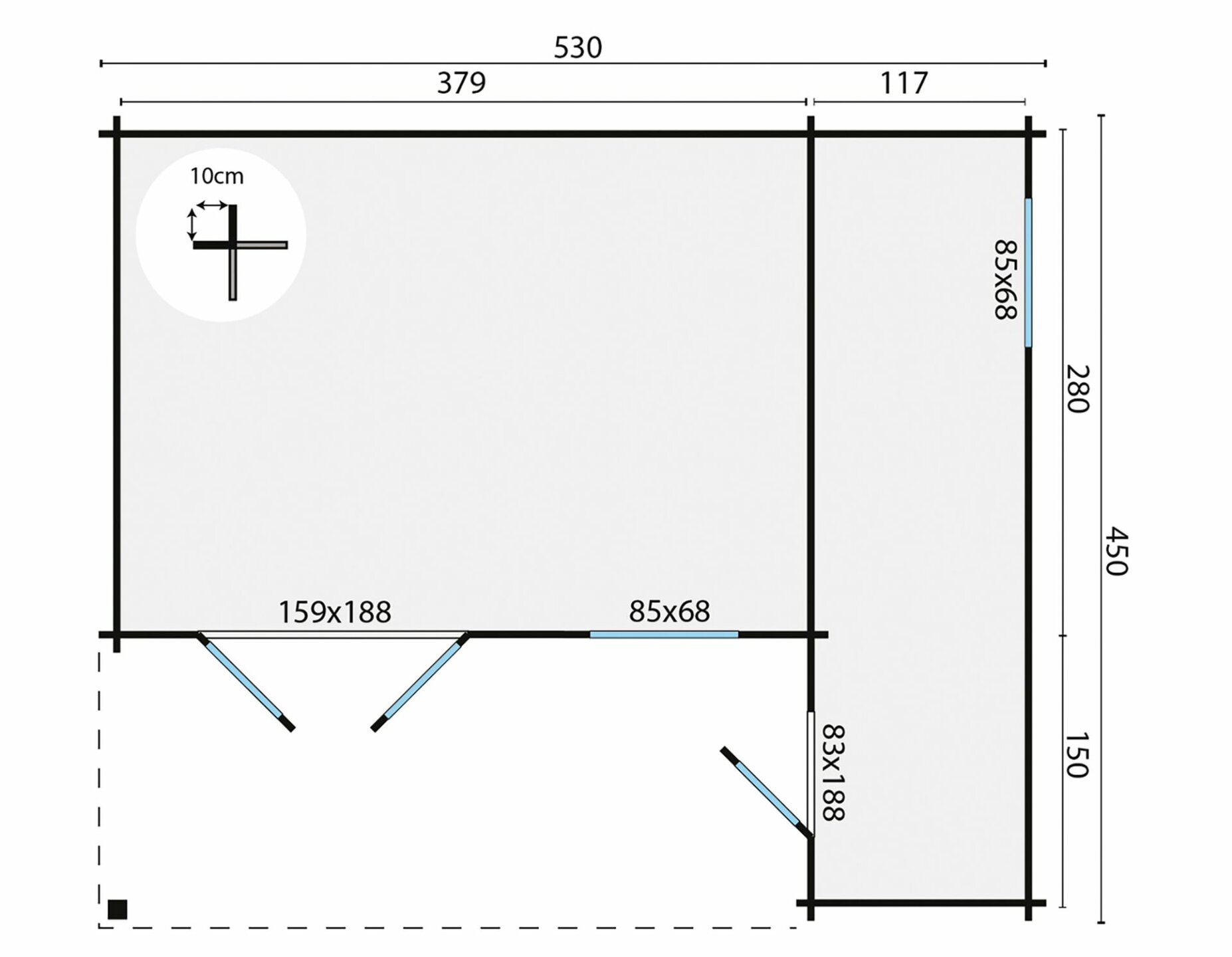 Gartenhaus Wolfgang 530 x 450 cm mit Vordach