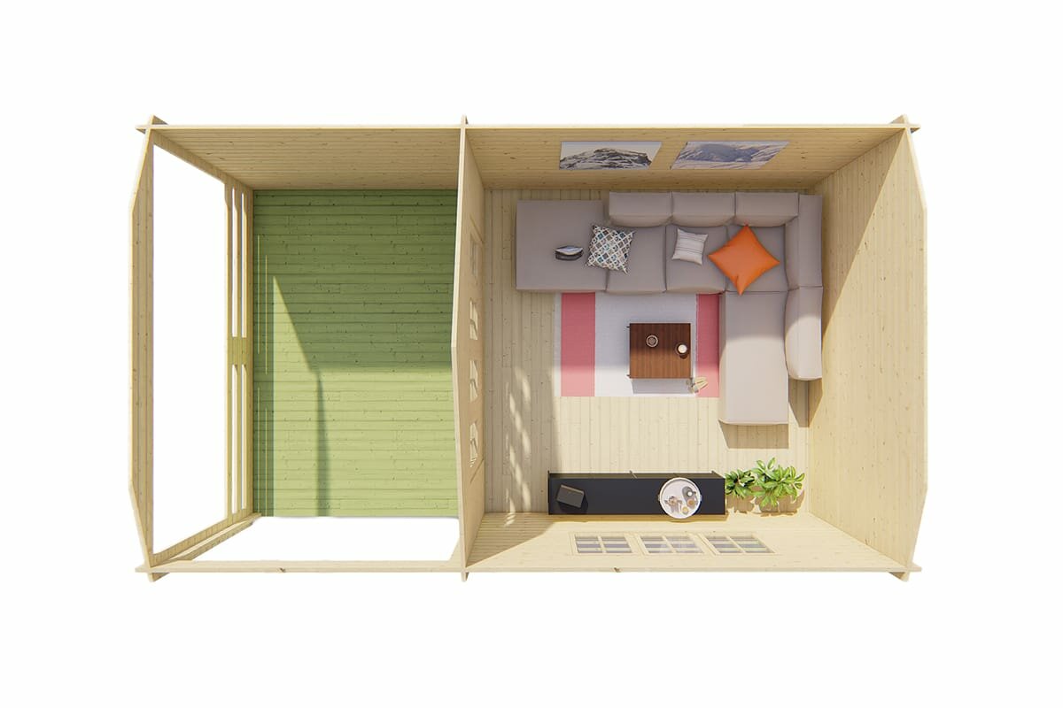 Gartenhaus Torkel mit Uberdachung und Seitendach 700 x 420 cm 