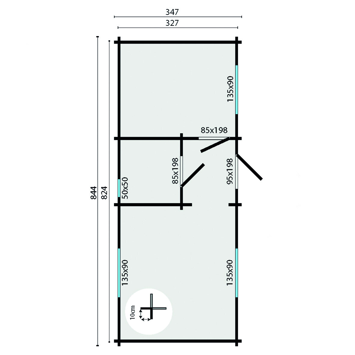 Blokhut Ava 844 x 347 x 270 cm Wanddikte 70 mm