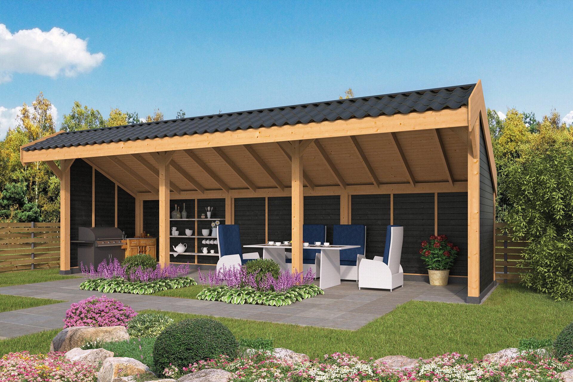 &Uuml;berdachung Boekelo Douglas 900 x 340 cm &ndash; Schwarze W&auml;nde