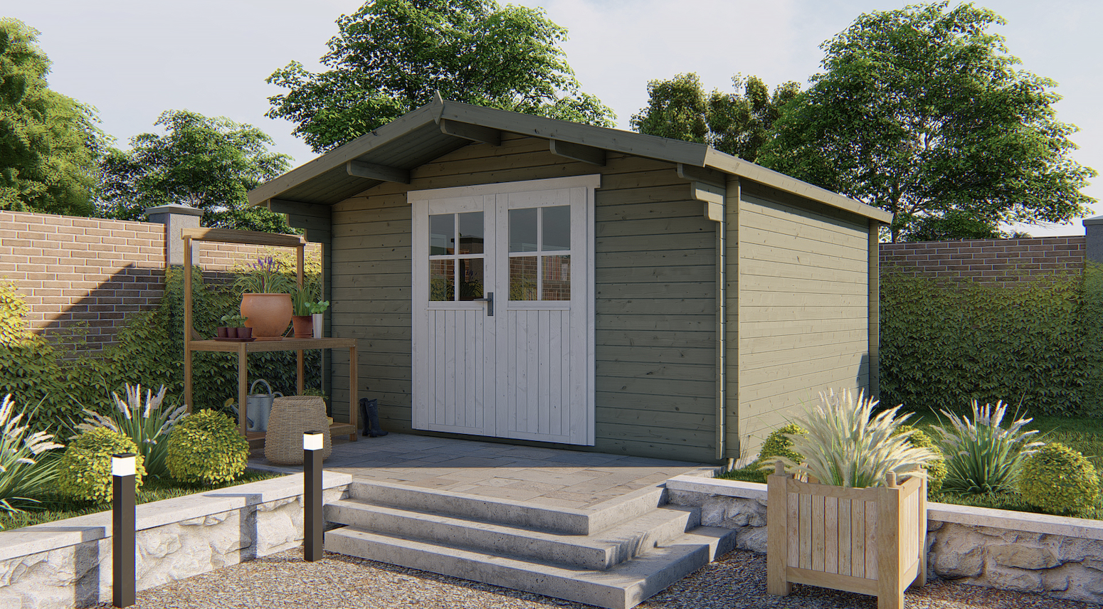 Gartenhaus Torrent 400 x 400 x 236 cm mit 70 cm Vordach