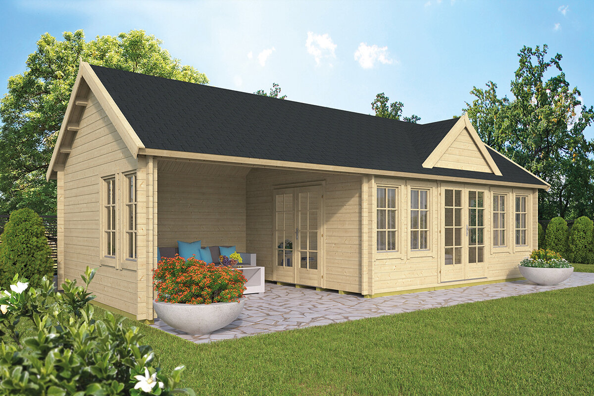 Blokhut Big Ben 930 x 400 x 351 cm Wanddikte 70 mm - met Overkapping 