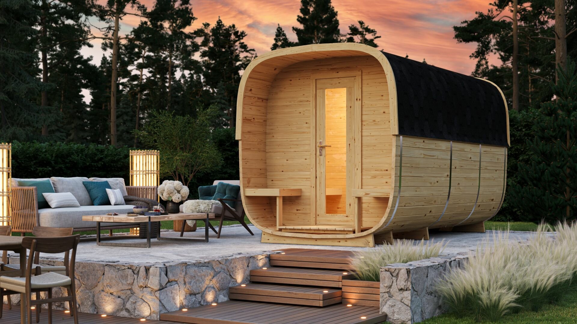Sauna cube Rovaniemi &Oslash;219 x 390 cm - vurenhout 38mm 