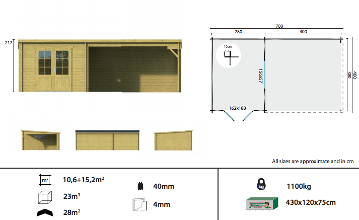 Blokhut Anton met zijluifel Ge&iuml;mpregneerd 700 x 400 x 217 cm Wanddikte 40 mm