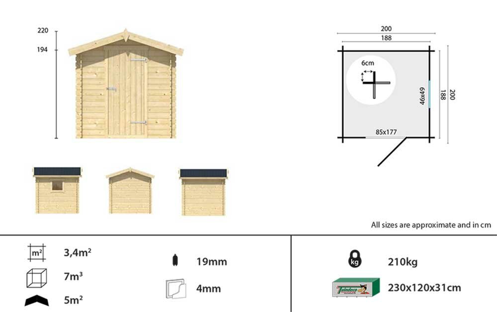 Blokhut Argo 200 x 200 x 217 cm Wanddikte 19 mm
