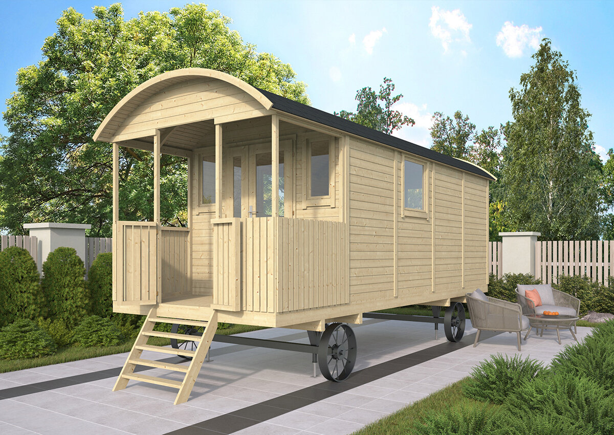 Pipowagen 600 x 237 cm met veranda - Zigeunerwagen Johnny 