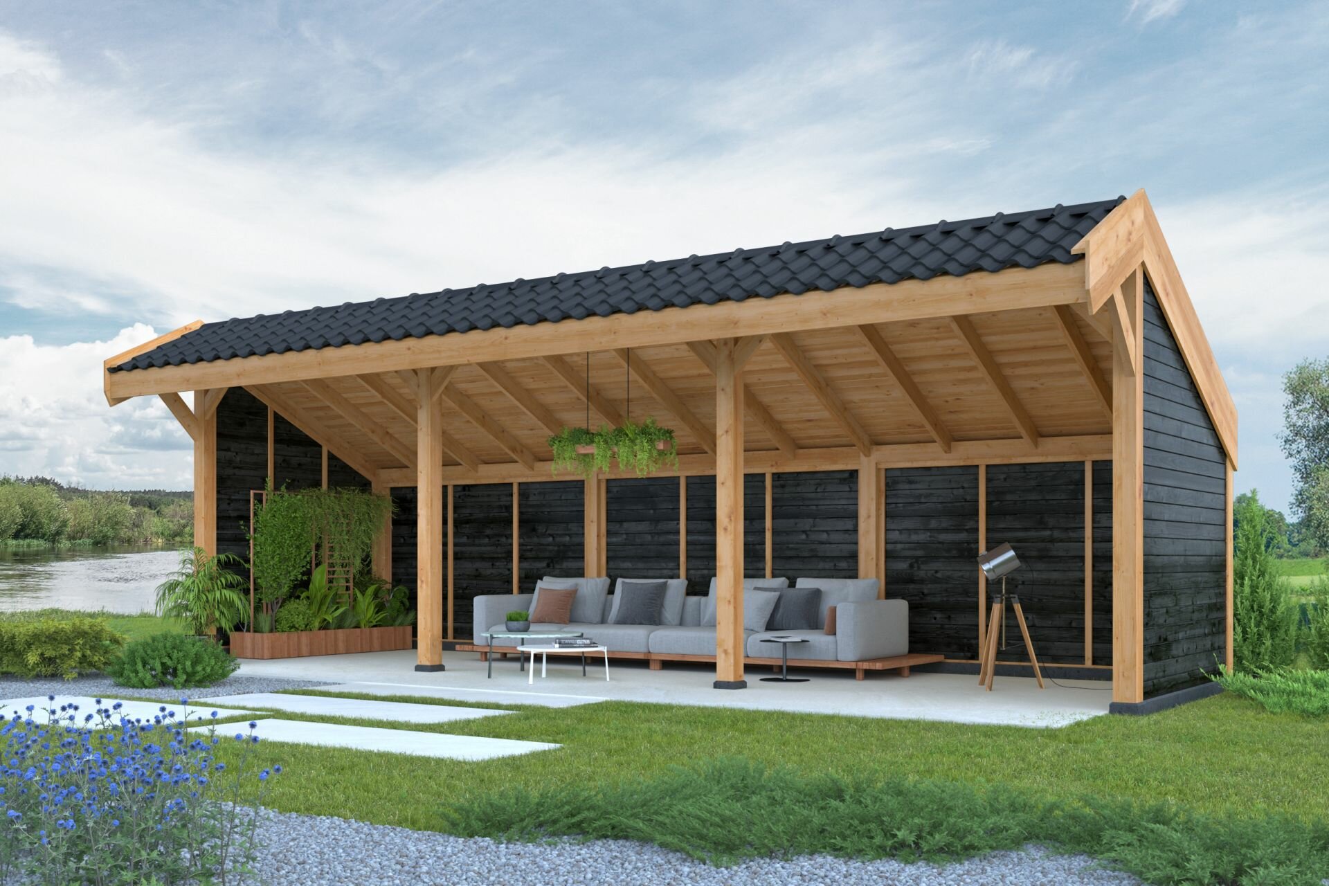 Kapschuur Boekelo Douglas 900 x 340 cm - Zwarte wanden