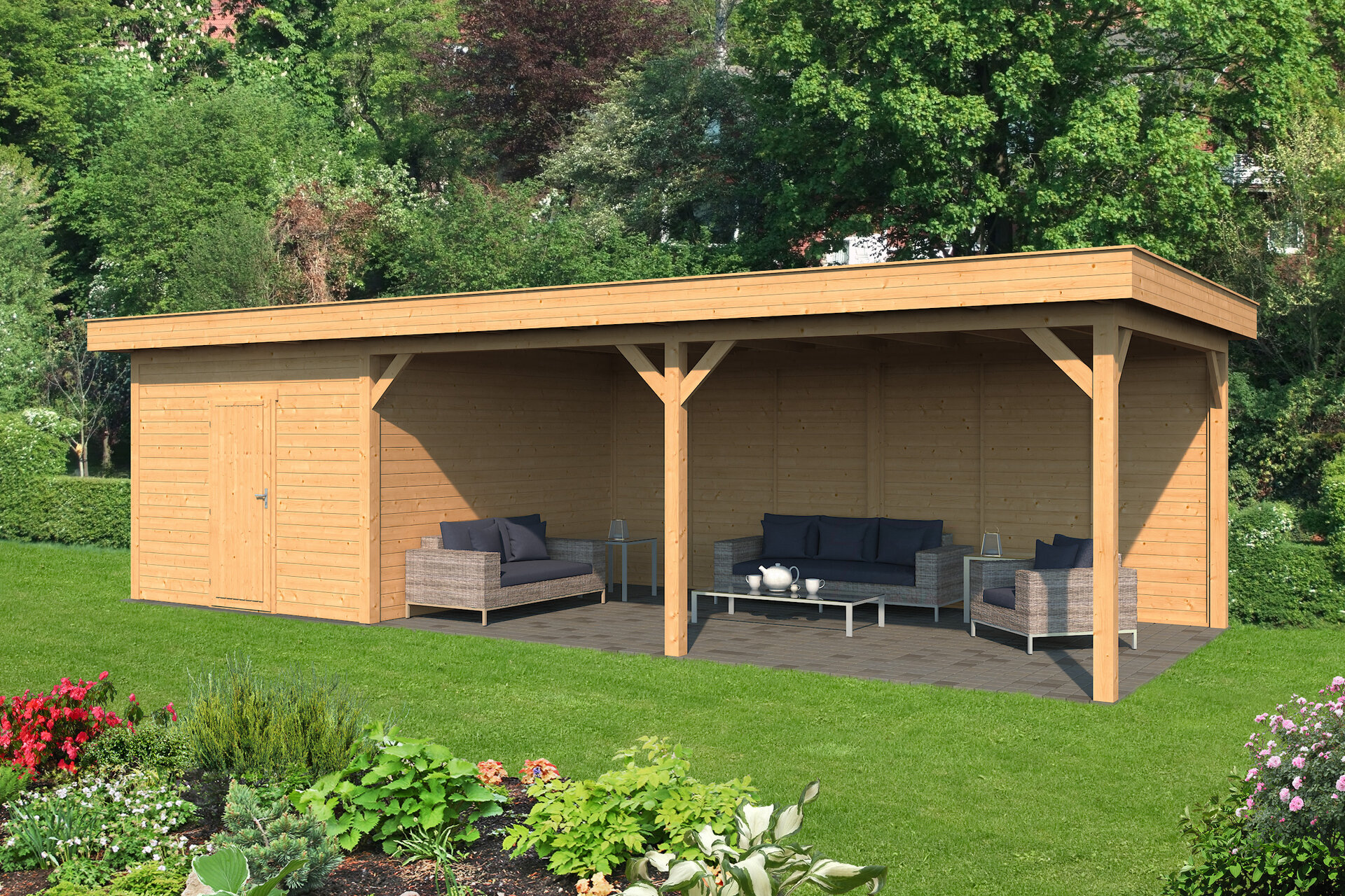 &Uuml;berdachung Oslo XL Typ 7 Douglas 980 x 430 cm - Naturbelassene W&auml;nde inkl. EPDM
