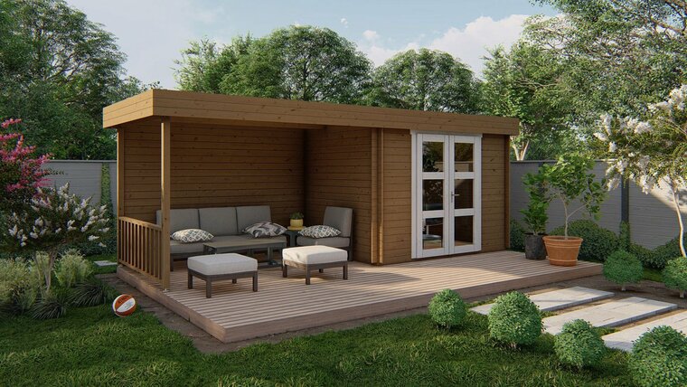 Blockhaus Maja mit Uberdachung 320 + 320 x 240 x 228 cm Wandstarke 28 mm
