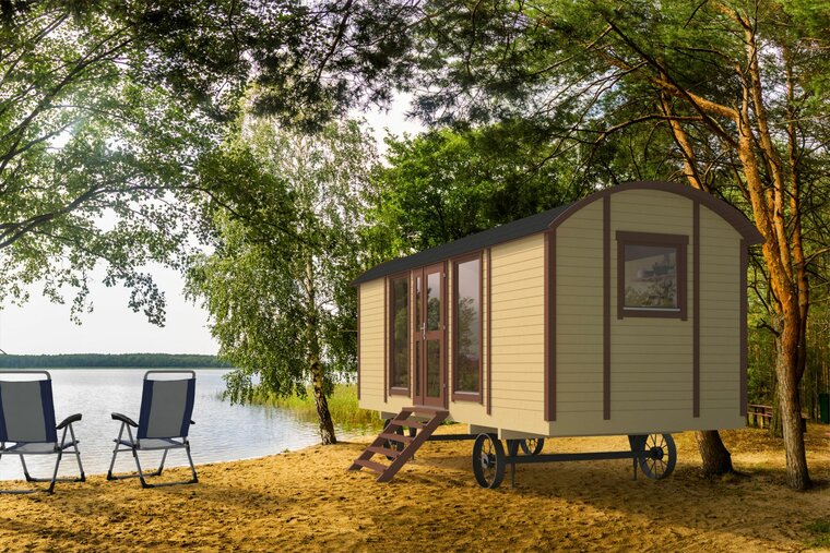 Zirkuswagen aus unbehandelter Fichte 600 x 237 x 326 cm mit Veranda - Zirkuswagen Johnny