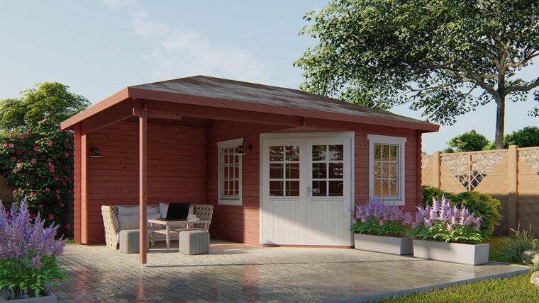 Blockhaus Christoffer mit Uberdachung 300 + 275 x 350 - Unbehandeltes Fichtenholz - Wandstarke 28 mm