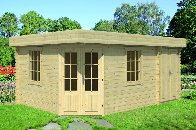 Blockhaus Helge 350 + 150 x 350 cm - Funfeckiges Blockhaus mit Flachdach - Wandstarke 44 mm