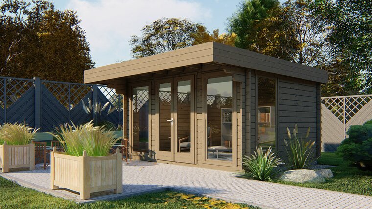 Blockhaus Lory - Gartenzimmer 435 x 350 + 120 x 230 cm - Wandstarke 44 mm 