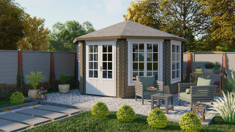 Blockhaus Lynn 427 x 427 cm - Gartenlaube mit Pyramidendach - Wandstarke 44 mm