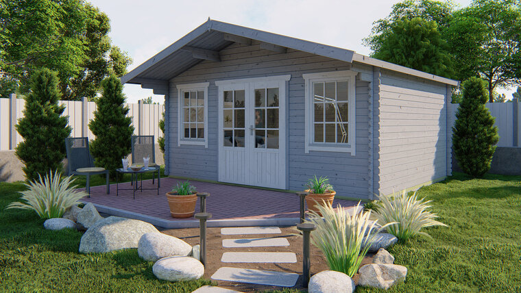 Blockhaus Viggo 500 x 400 x 281 cm mit Vordach von 100 cm - Wandstarke 28 mm