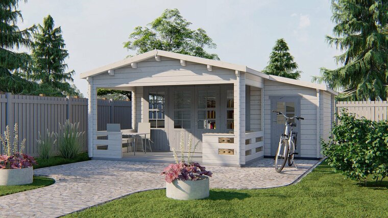 Blockhaus Coventry 590 x 570 x 263 cm mit Vordach und Abstellraum (58 mm)