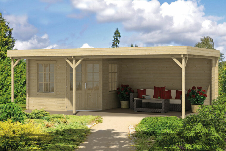 Blokhut Annette 300 + 400 x 400 cm onbehandeld Vuren Wanddikte 40 mm - met Overkapping