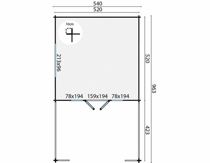 Blockhaus Sheffield mit breitem Vordach 540 x 963 cm - Wandstarke 58 mm
