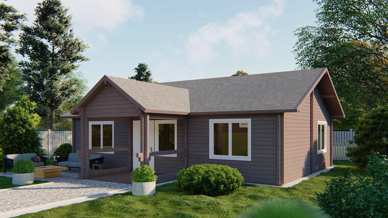 Blockhaus Finn 1040 x 740+238 x 365 cm &ndash; Fertighaus aus Holz &ndash; Luxus-Chalet