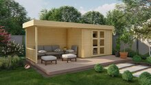 Blockhaus Maja mit Uberdachung 320 + 320 x 240 x 228 cm Wandstarke 28 mm