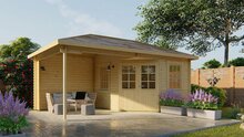 Blockhaus Christoffer mit Uberdachung 300 + 275 x 350 - Unbehandeltes Fichtenholz - Wandstarke 28 mm