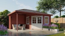Blockhaus Christoffer mit Uberdachung 300 + 275 x 350 - Unbehandeltes Fichtenholz - Wandstarke 28 mm