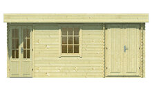 Blockhaus Helge 350 + 150 x 350 cm - Funfeckiges Blockhaus mit Flachdach - Wandstarke 44 mm