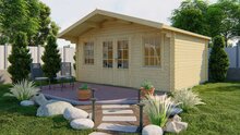 Blockhaus Viggo 500 x 400 x 281 cm mit Vordach von 100 cm - Wandstarke 28 mm