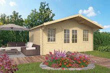 Blockhaus Viggo 500 x 400 x 281 cm mit Vordach von 100 cm - Wandstarke 28 mm