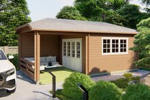 Gartenhaus Torkel mit Uberdachung und Seitendach 700 x 420 cm 