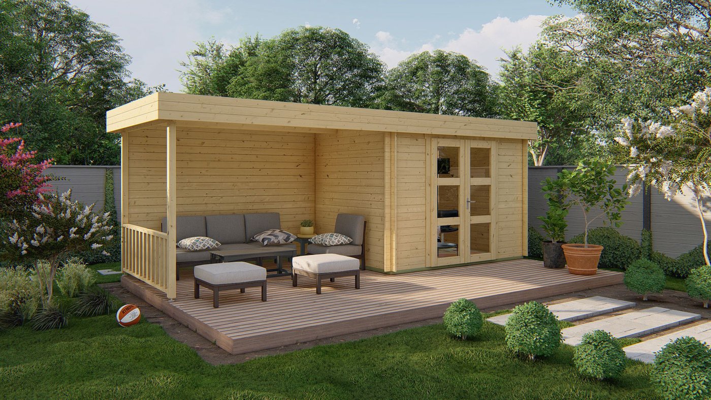 Blockhaus Maja mit Uberdachung 320 + 320 x 240 x 228 cm Wandstarke 28 mm