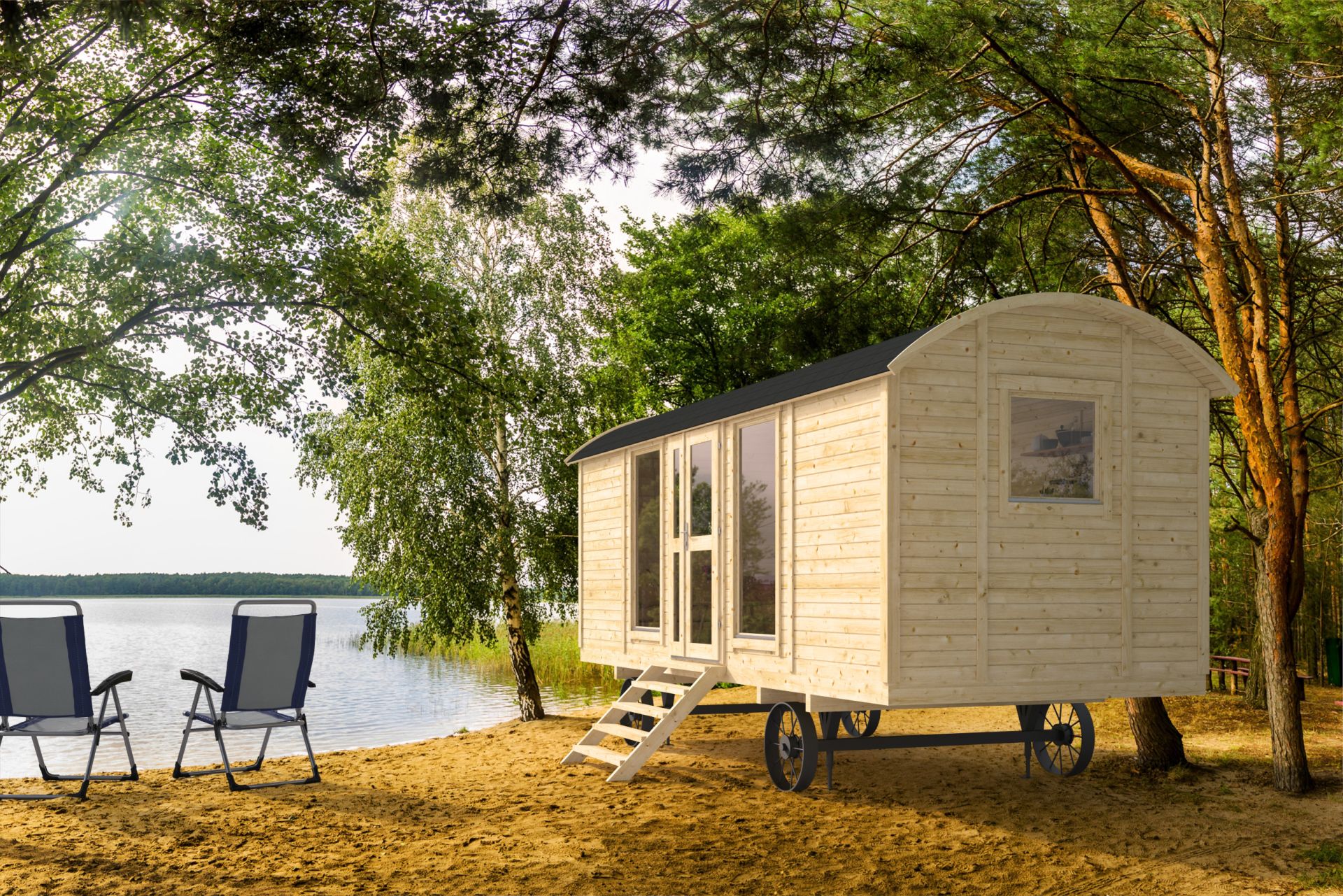 Zirkuswagen aus unbehandelter Fichte 600 x 237 x 326 cm mit Veranda - Zirkuswagen Johnny