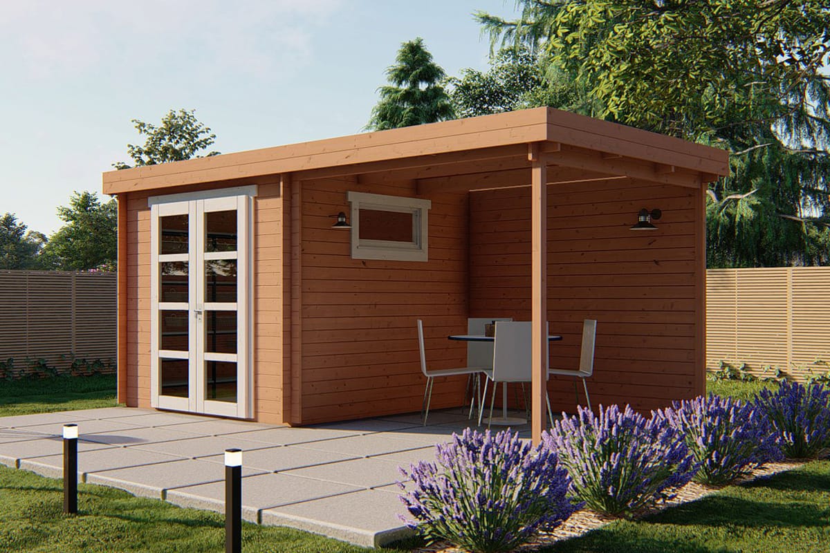 Blockhaus Brenda 525 x 275 x 234 cm mit Uberdachung und geschlossener Wand (28 mm)