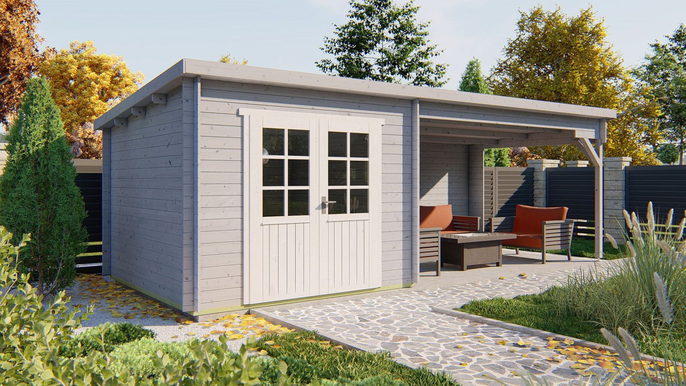Blockhaus Charlotta mit Uberdachung 700 x 300 x 217 cm - Wandstarke 28 mm