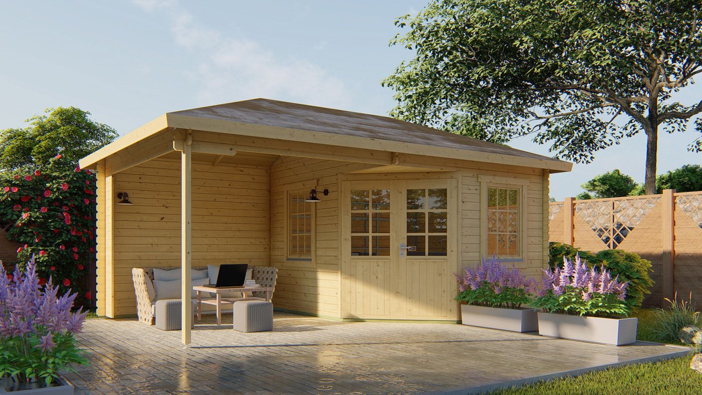 Blockhaus Christoffer mit Uberdachung 300 + 275 x 350 - Unbehandeltes Fichtenholz - Wandstarke 28 mm