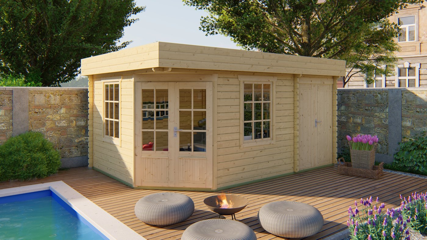 Blockhaus Helge 350 + 150 x 350 cm - Funfeckiges Blockhaus mit Flachdach - Wandstarke 44 mm