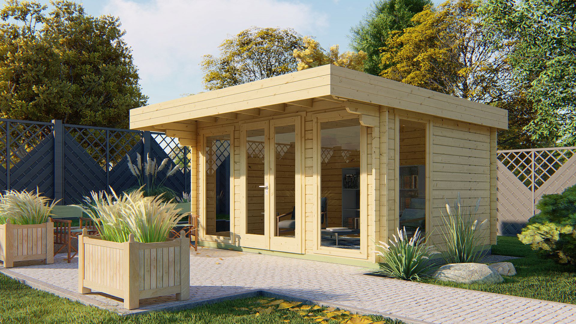 Blockhaus Lory - Gartenzimmer 435 x 350 + 120 x 230 cm - Wandstarke 44 mm 